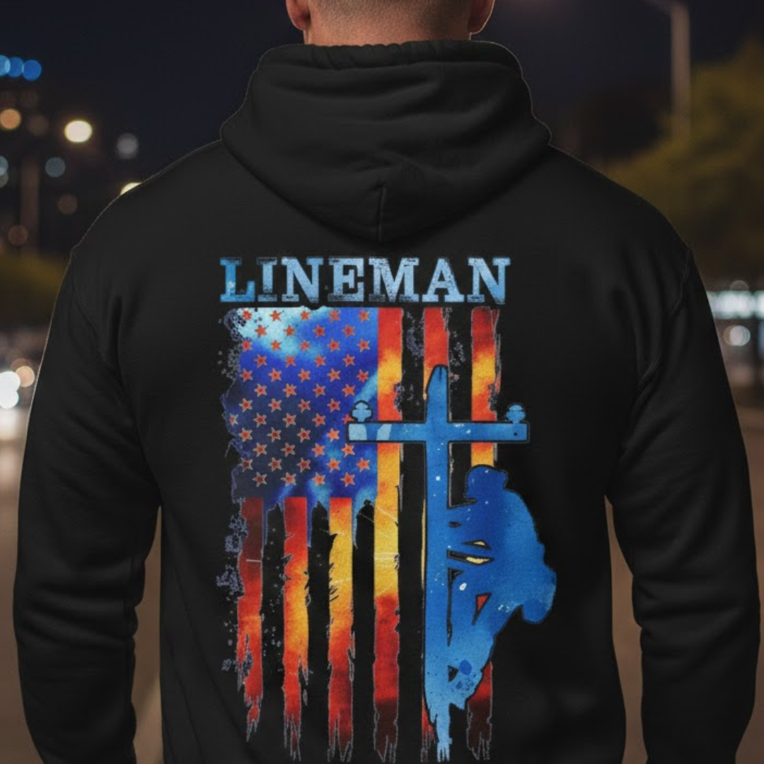 USA Flag Lineman  Patriotic Cross Hoodie