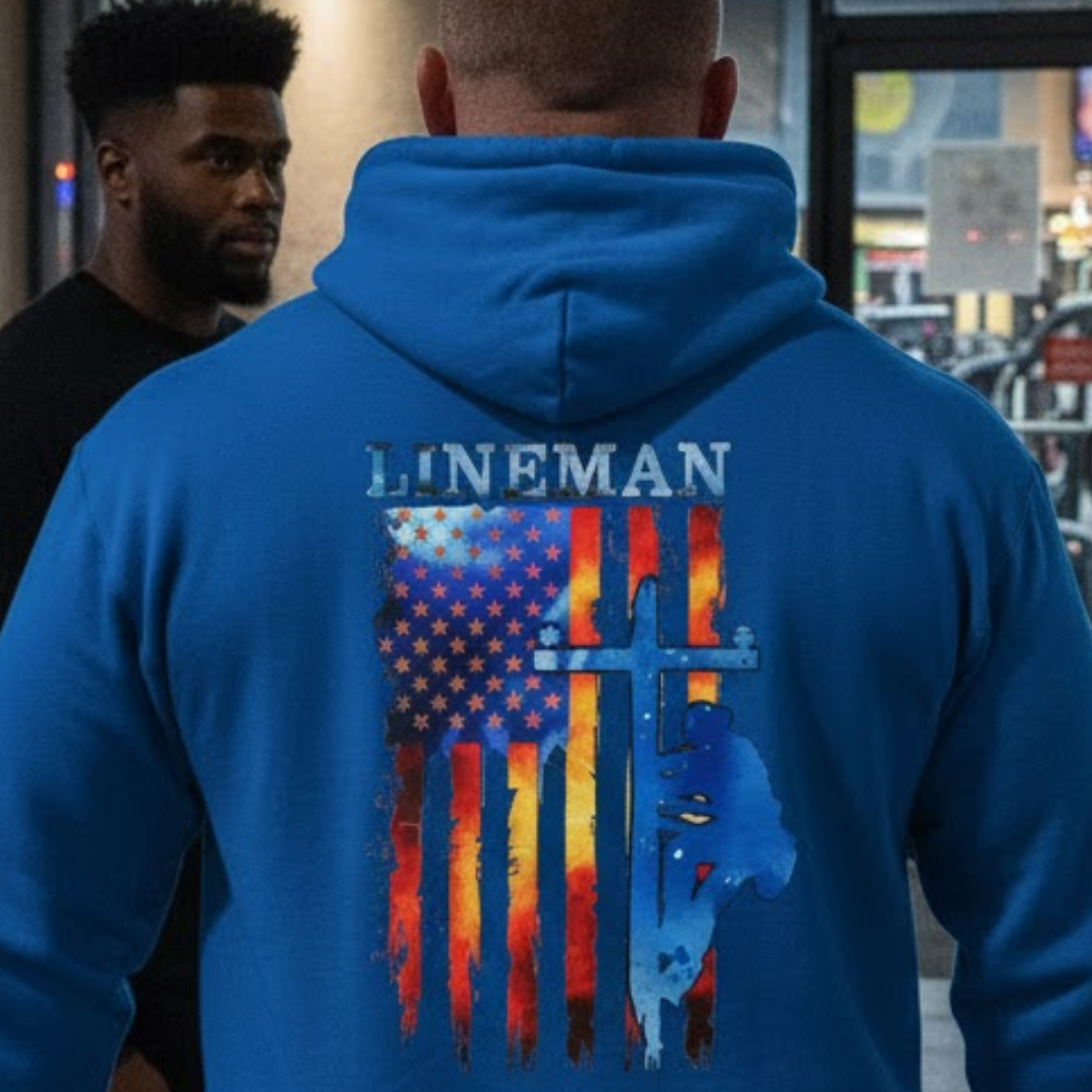 USA Flag Lineman  Patriotic Cross Hoodie