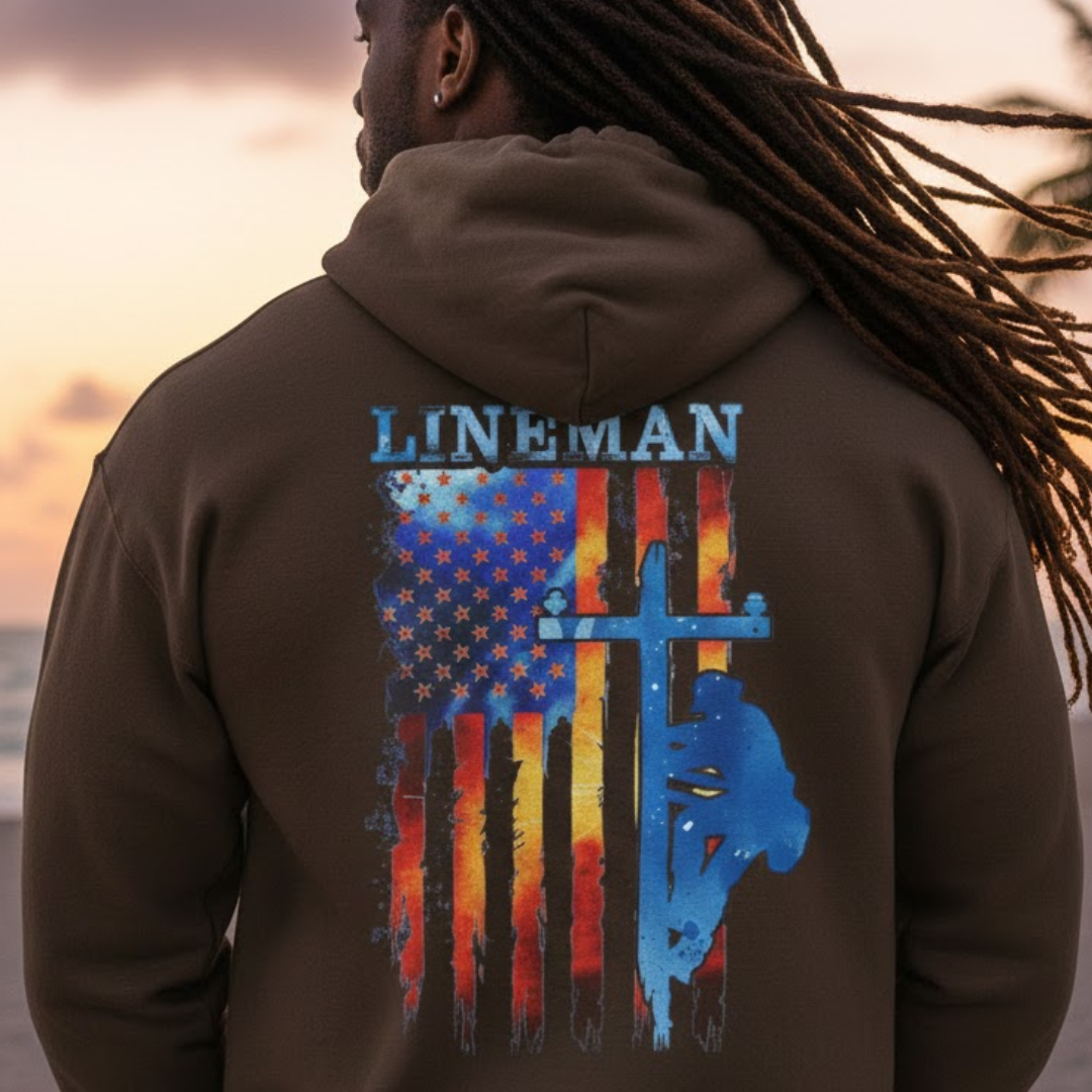 USA Flag Lineman  Patriotic Cross Hoodie