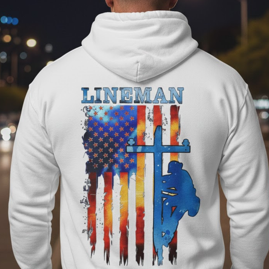 USA Flag Lineman  Patriotic Cross Hoodie